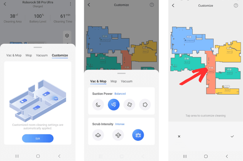 Мощность всасывания и объем подаваемой воды можно регулировать с помощью приложения Roborock S8 Pro Ultra.